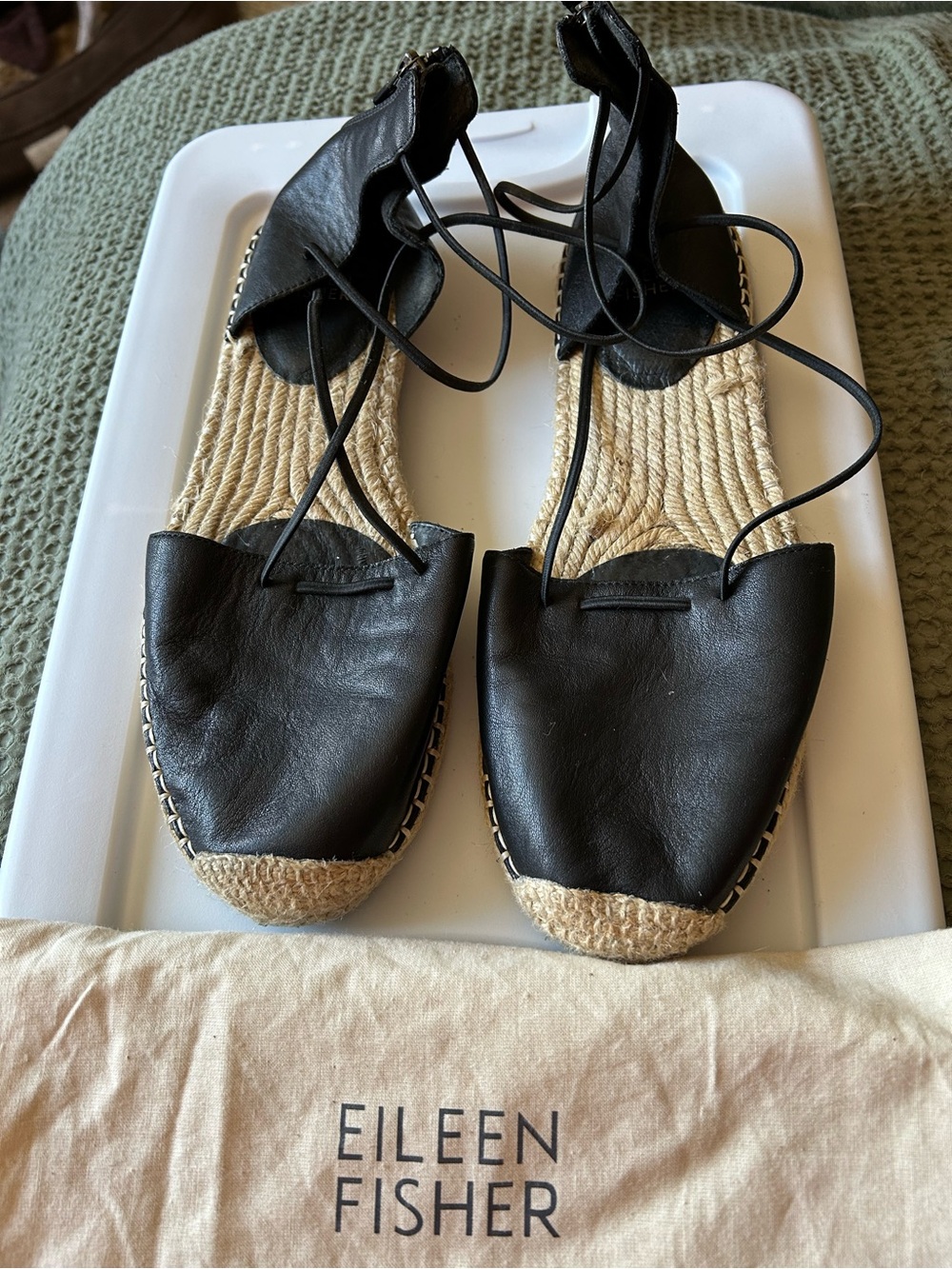 Eileen Fisher Black Leather Espadrille Lace Sandal 10M